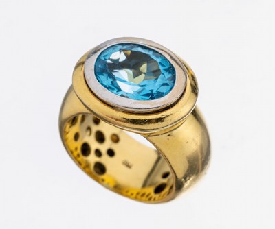 18 kt Gold Blautopas-Ring, GG/ WG 750/000, in WG gefasste ovalfacett. Blautopas (beh.) ca. 6.50 ct, ca. 25.9 g, RW 57, Expertise von 2001 in Kopie ...