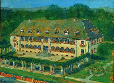 Willibald Hamburger, 1884 Gronau-1965, Das Feierabendhaus der Diakonie Bad Kreuznach,Gouache auf Papier, links unten monogr., ca. 30x40cm, u.Gl., R. ...