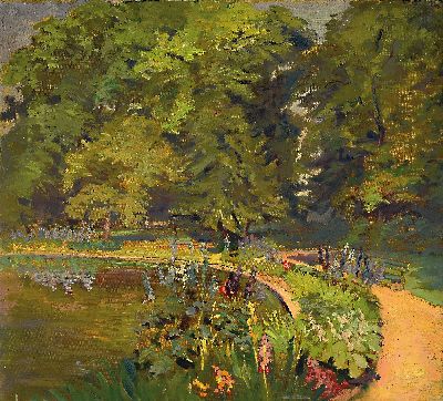 Hans Deiters, 1868 Düsseldorf-1922 München, Parklandschaft mit Teich, Öl/Lwd, verso Nachlaßstempel, ca. 50x55cm