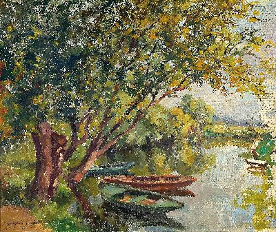 Jacques Gachot, 1885-1954, Fischerboote am Baum bestandenen Seeufer, Öl/Malkarton, links unten sign., ca. 46x56cm, R. ca. 54x64cm