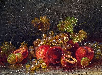 Franz von Henderichs, Maler um 1900, Düsseldorfer Schule, Stillleben mit Trauben und Pfirsichen, Öl/Lwd, rechts unten sign., rest., doubl., ca. ...