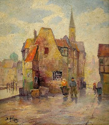 Bruno Jüttner, 1880-1965 Wernigerode, Holländische Stadtansicht mit Personen auf der Straße, Öl/Lwd, rest., links unten sign., ca. 90x80cm