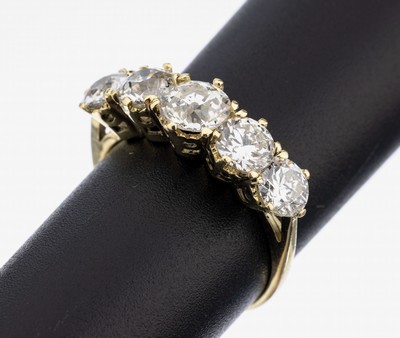 14 kt Gold Diamant-Ring, GG 585/000, 5 Altschliff-Diamanten zus. ca. 2.70 ct feines Weiß-l.get.Weiß/p1, RW 54, ca. 3 g