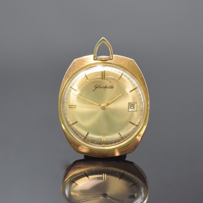 GLASHÜTTE vergoldete Frackuhr, Deutschland um 1965, Handaufzug, Boden aufgedr., goldfarb. Zifferbl. m. gold. Std.-Ind. u. Zeigern, Datum b. 3, Kal. ...