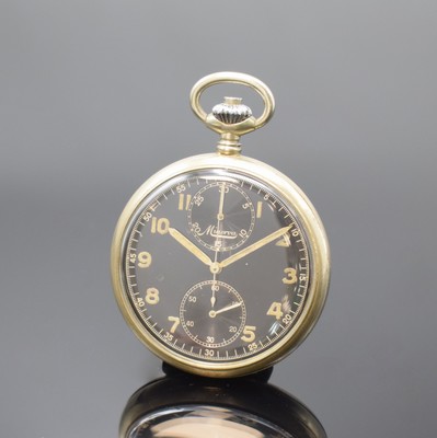 MINERVA offene Taschenuhr Kaliber 9-19 mit Schaltradchronograph, Schweiz um 1930, glattes Nickelgeh., schwarzes Glanz-Zifferbl. Leuchtzahlen u. orig. ...