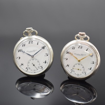IWC 2 offene Taschenuhren in Silber und Nickel, Schweiz um 1925/1930, 1x wohl Uhrmacherschule, Emailzifferblätter m. arab. Zahlen, gebl. u. gold. ...