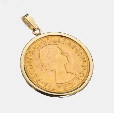 14 kt Gold Münz-Anhänger, GG 585/000, lose gefasste Goldmünze, Sovereign, England, 1966, Elizabeth II., schlichte Rahmung, ca. 8.8 g