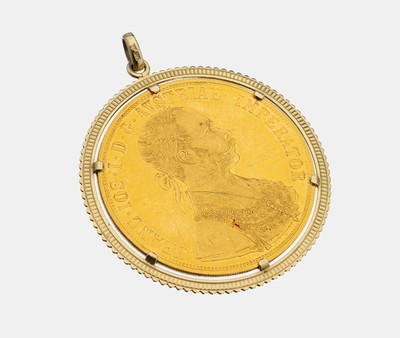 14 kt Gold Münz-Anhänger, GG 585/000, lose gefasste Goldmünze, 4 Dukaten, Österreich- Ungarn, Franz Joseph, 1915, offizielle Nachprägung, ...
