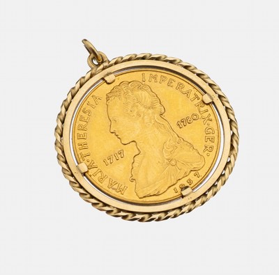 14 kt Gold Münz-Anhänger, GG 585/000, lose gefasste Aureus Magnus 2.5 Dukaten Münze, Maria Theresia 1717-1780, D. ca. 3.2 cm, ca. 12.7 g