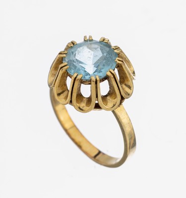 14 kt Gold Topas-Ring, GG 585/000, mittig rundfacett. Blautopas (beh.), RW 58, ca. 5.5 g