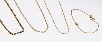 8 kt Gold Konvolut, GG 333/000, 1 x Erbskette, L. ca. 46 cm, Federringschließe, 1 x gekordelt, L. ca. 42 cm, Federringschließe, 1 x Collier, ...