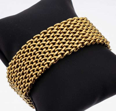 18 kt Gold Armband, GG 750/000, schwere qualitätvolle Verarbeitung, B. ca. 2.5 cm, L. ca. 19 cm, Kastenschloss mit 2 Sicherheitsachten, ca. 76.6 g