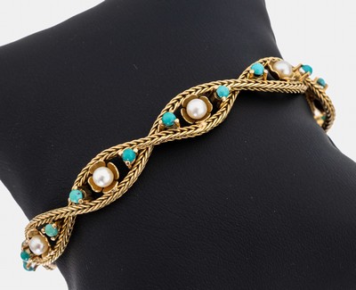 18 kt Gold Perl-Türkis-Armband, GG 750/000 gepr., 8 kl. Akoyazuchtperlen, D. ca. 3.9 mm, 16 kl. Türkis-Cabochons, L. ca. 19 cm, Kastenschloss mit ...