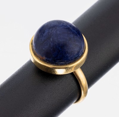 18 kt Gold Lapislazuli-Ring, GG 750/000, Ringkopf gepr., gr. Lapislazuli-Cabochon, Ringschiene ehemals Ehering, pers. Gravur, RW 56, ca. 8.5 g