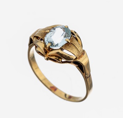 14 kt Gold Aquamarin-Ring, GG 585/000, ovalfacett. Aquamarin, Ringschultern abstrakt floral, ca. 2.9 g, RW 57