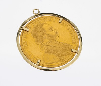 8 kt Gold Münz-Anhänger, GG 333/000, lose gefasste Goldmünze, 4 Dukaten, Österreich- Ungarn, Franz Joseph I., 1915 offizielle Nachprägung, ca. ...