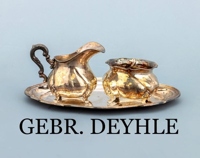 Sahnegießer, Zuckergefäß und Tablett, 830erSilber, deutsch, um 1930, schlichte bauchige Formsprache, Tablett mit geschwungenem Rand, ca. 19.5 x ...