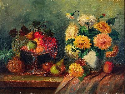 Wilhelm Thiele, 1872-1939, Stillleben mit Obstschale und Blumen in Vase, Öl/Lwd, links unten sign., ca. 60x80cm, R. ca. 75x95cm