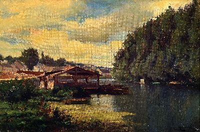 Walter Knina, 1888-1939, Landschaft mit Dorf am Fluss, Öl/Lwd, rechts unten sign., 27x40cm, R. ca. 35x49cm