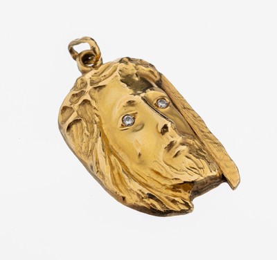 18 kt Gold Brillant-Anhänger, GG 750/000, hohl gearbeitet, Darstellung Jesus Christus, Augen 2 kl. Brillanten, ca. 4.5 x 2.2 cm, ca. 9.0 g, rs. ...