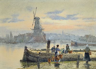 Ferdinand Coenraets, 1860-1939, Fischerboot vor einer holländischen Stadt, Aquarell auf Papier, rechts unten signiert, ca. 55x75cm, u.Gl., R. ca. ...