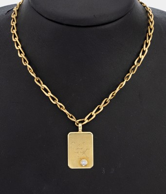 14 kt Gold Brillant-Anhänger, GG 585/000 gepr., schlicht, grav. Monogram WK, 1 Brillantca. 0.10 ct Weiß/si, an Kette, GG 585/000 gepr., L. ca. 56 ...