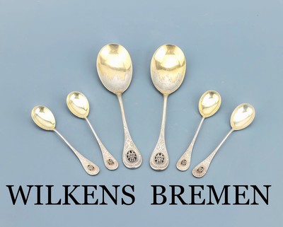 20-tlg. Eisbesteck, 800er Silber, deutsch um 1890, best. aus: 2 Vorlegelöffel, L. ca. 22 cm, Laffen teilverg., 18 Eislöffel, L. ca. 14.5 cm, ...