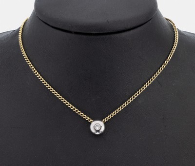 14 kt Gold Brillant-Anhänger, WG 585/000, schlicht, 1 Brillant ca. 0.10 ct Weiß/si, an Kette, GG 585/000, L. ca. 48 cm, Karabinerschließe, ca. ...
