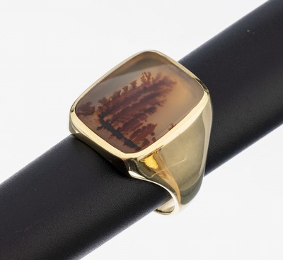 14 kt Gold Achat-Ring, GG 585/000, Landschaftsachat-Einlage, Handarbeit, Meistermarke unged., ca. 18.7 g, RW 72