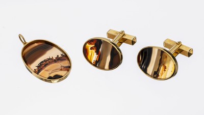 18 kt Gold Achat-Schmuckset, GG 750/000, best. aus: Paar Manschettenknöpfe und Anhänger, Landschaftsachat-Einlagen, Meistermarke unged., ca. 16.6 g