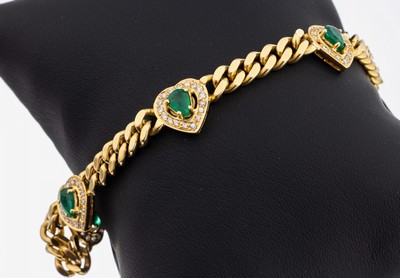 18 kt Gold Smaragd-Brillant-Armband, GG 750/000, 5 herzf. Glieder mit 5 facett. Smaragdtropfen zus. ca. 2.0 ct, 82 Brillanten zus. ca. 0.41 ct ...