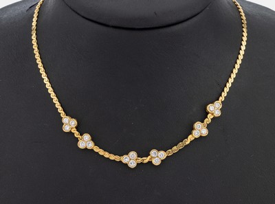 18 kt Gold Brillant-Collier, GG 750/000, 21 Brillanten zus. ca. 1.70 ct Weiß/si, L. ca. 39 cm, Federringschließe, ca. 11.1 g