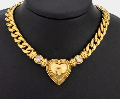 18 kt Gold Brillant-Collier, GG 750/000, herzf. Mittelteil, 2 Brillanten zus. ca. 1.00 ct feines Weiß/vs, L. ca. 41 cm, Karabinerschließe, ca. ...