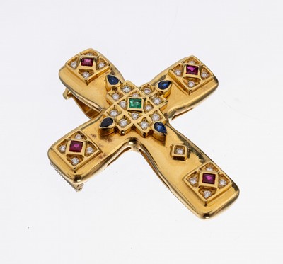 18 kt Gold Farbstein-Brillant-Kreuzanhänger, GG 750/000, schwere qualitätvolle Verarbeitung, 4 Rubin-Carrees zus. ca. 0.40 ct, 1 Smaragd-Carree ...