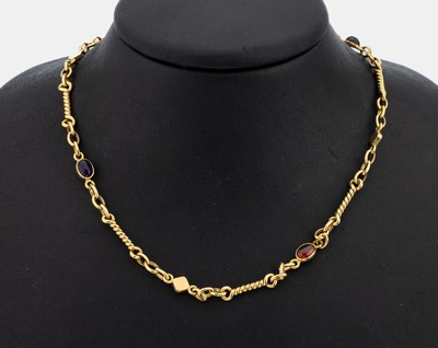 18 kt Gold Farbstein-Collier, GG 750/000, 8ovale Amethyst- und Citrin-Cabochons, L. ca. 90 cm, ca. 52.1 g