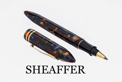 SHEAFFER Ball Pen, Special Edition, Balance, white dot, Metall vergoldet, blau-braun marmorierter Edelharz, neuwertiger Zustand, orig. Etui