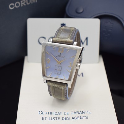 CORUM Armbanduhr Trapeze Referenz 106.404.20, Schweiz um 2005, quarz, trapezförmiges Edelstahlgeh. inkl. orig. Lederband (zu ern.) m. orig. ...