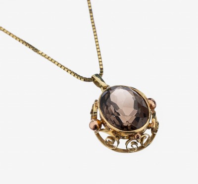 14 kt Gold Rauchquarz-Anhänger, GG/RG 585/000, ovalfacett. Rauchquarz ca. 8.0 ct, Unterkaderung in Bögen mit Granulaten, an Kette, GG 333/000, L. ...