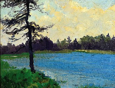 Gustav Kullrich, 1888-1938 Karlsruhe, Seenlandschaft, rechts unten signiert, Öl/Platte, verso Künstleretikett, 29x37 cm, Rahmen 40x50 cm