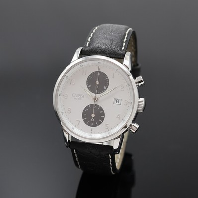 CHRIST Armbandchronograph, Automatik, Deutschland/Schweiz um 2010, Edelstahlgeh. inkl. Lederband, Boden aufgedr., silb. Zifferbl. m. schwarzen ...