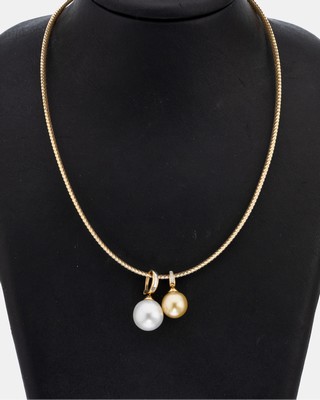 14 kt Gold Collier mit 2 Zuchtperl-Anhänger, GG/WG 585/000, 1 x Clipanhänger mit weißer chin. Süßwasserzuchtperle, 1 x Anhänger goldfarb. ...