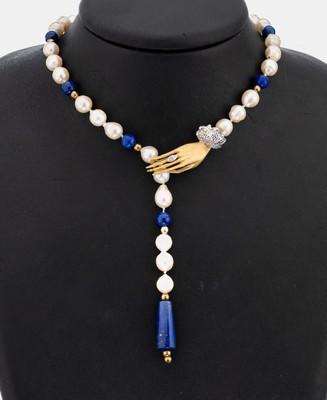 Lapislazuli-Zuchtperl-Collier mit 14 kt Gold Diamant-Schmuckschließe "Hand", GG/WG 585/000, sat., kl. in WG gefasster Diamant, ...