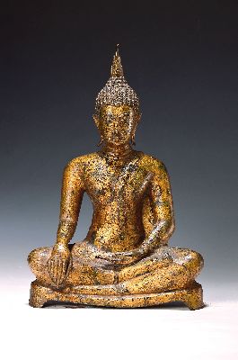 Buddha, Thailand, 18. Jh., Shakyamuni, Bronze, Geste der Erdberührung, Reste von alter Vergoldung, ca. 29 x 20 cm, sammelwürdig