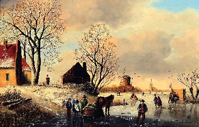 Jan Baks, niederländischer Traditionalist, 20. Jh., Winterlandschaft mit Personen auf dem Eis, Öl/Holz, rechts unten sign., ca. 25x39cm, R. ca. ...