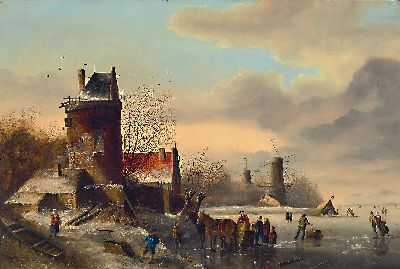 Jan Baks, niederländischer Traditionalist, 20. Jh., Holländische Winterlandschaft mit Personen auf dem Eis und Ruinen seitlich, Öl/Holz, sign., ...