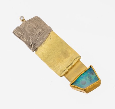 18 und 14 kt Gold Opal-Brillant-Brosche, GG750/000 und WG 585/000, abstraktes Design, 1 Opal, in Feingold gefasst, 1 Brillant ca. 0.05ct Weiß/si, ...
