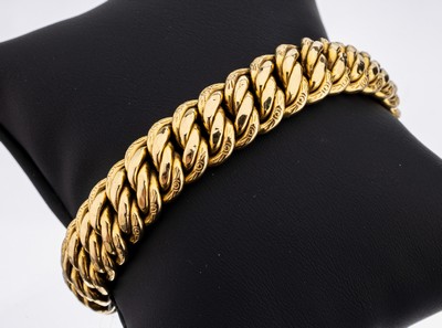 18 kt Gold Armband, GG 750/000, L. ca. 21 cm, B. ca. 1.5 cm, Kastenschloss mit Sicherheitsacht, ca. 32.8 g