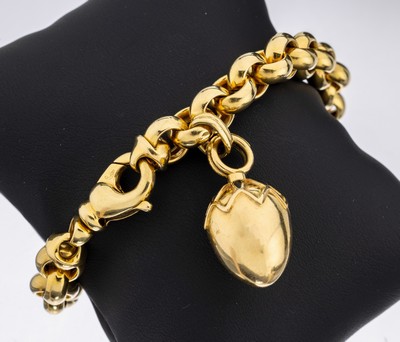 18 kt Gold Armband mit Anhänger, GG 750/000, Abhängung in Form einer Eichel, schwarzer Hartlack z.T. fehlend, ca. 39.8 g, L. ca. 21 cm, ...