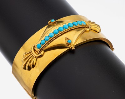 14 kt Gold Türkis-Armband, um 1880, GG 585/000 gepr., aufwendige Montur mit Türkis- Cabochons, verbeult, 1 Beschädigung am Rand, Klappscharnier, ...