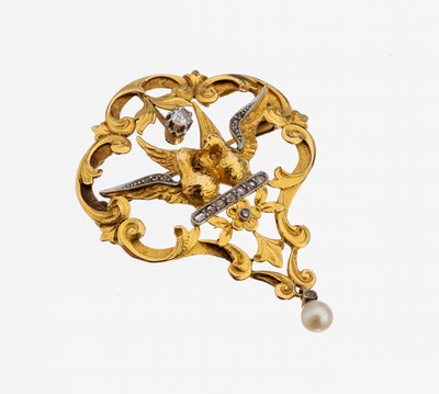 18 kt Gold Perl-Diamant-Brosche, um 1900, GG 750/000, mittig 2 schnäbelnde Tauben, abstr.-floral, 1 Altschliffdiamant ca. 0.05 ct Weiß/p, 15 ...